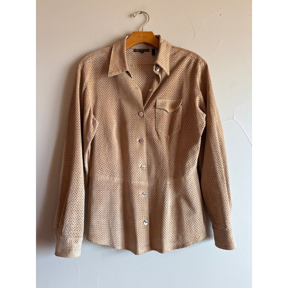 John Carlisle Tan Perforated Leather Suede Tailored Button Down 90s Shirt Jacket